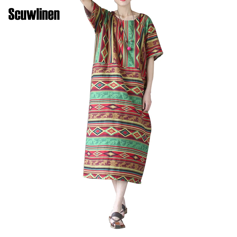 Buy Cheap SCUWLINEN Vestidos 2017 Summer Dress Vintage Geometry Striped Plus Size Loose One-piece Dresses Novelty Cotton Robe Women Dress