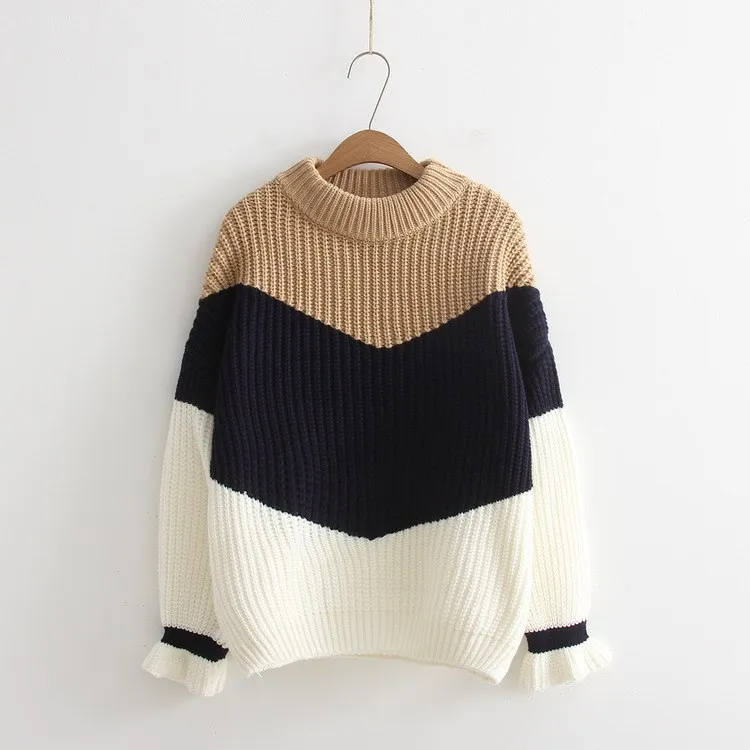 4 цвета 2018 для женщин Свободные джемперы с длинными рукавами в стиле пэчворк контрастного цвета вязать пуловеры для повседневное Рюш