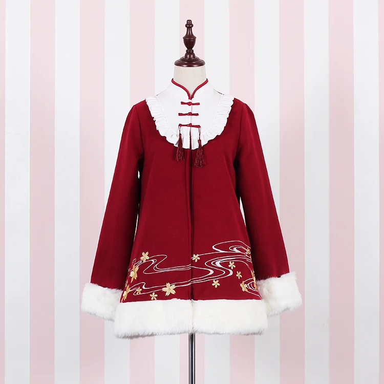 

Super Cute Chinese Style Winter Thick Sakura Embroidery Fluffy Fur Coat Long Red Festival Feel Outwear Parkas Bow