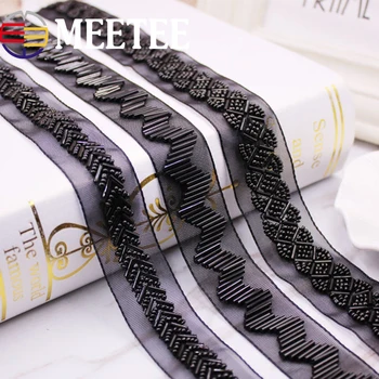 

4/8meters 2.5CM Black Pearl Beaded Lace Trim Mesh Ribbon Lace Fabric Weding DIY Dress Collar Sleeve Crafts Sewing Accessories