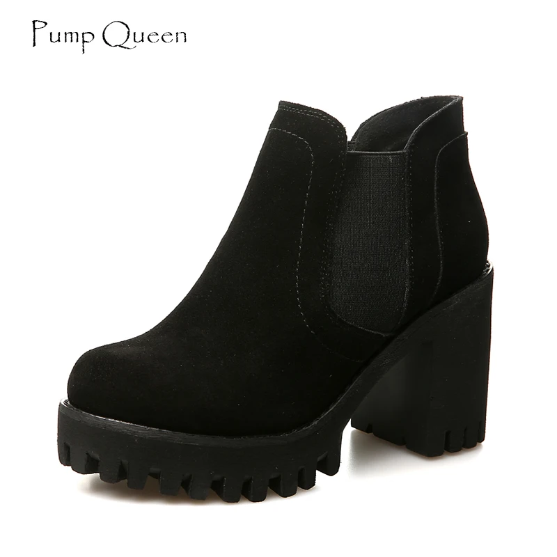 

PumpQueen Slip On Cow Leather Platform Ankle Boots Women Autumn Winter Super High Heels Boots Sewing Round Toe Shoes Woman