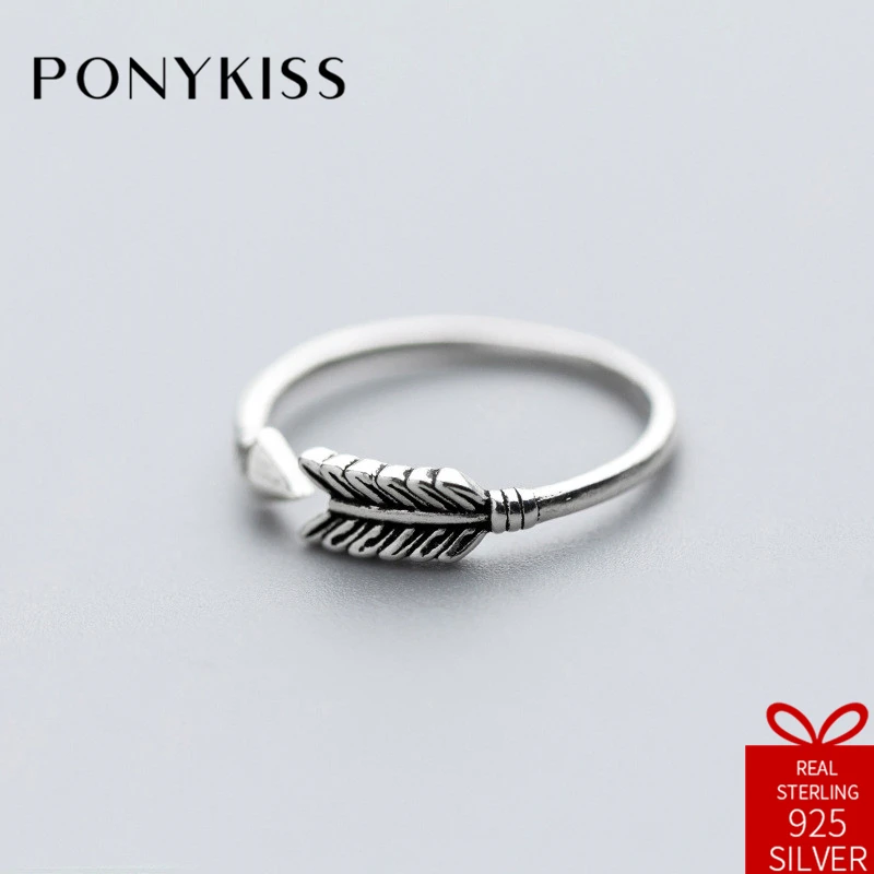 

PONYKISS Vintage 100% 925 Thai Silver Adjustable Opening Cupid's Arrow Ring Fine Jewelry Women Creative Birthday Party Gift