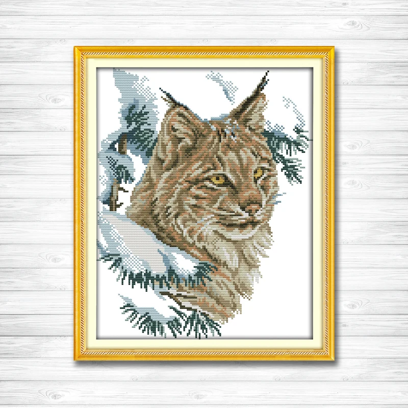 

Wildcat winter Christmas cat snow animal Counted printed on fabric DMC 14CT 11CT Cross Stitch Needlework kits Embroidery Sets