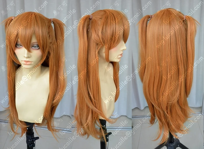 Парик для косплея Аниме EVA Asuka Langley Soryu Длинные оранжевые с 2 зажимами конского