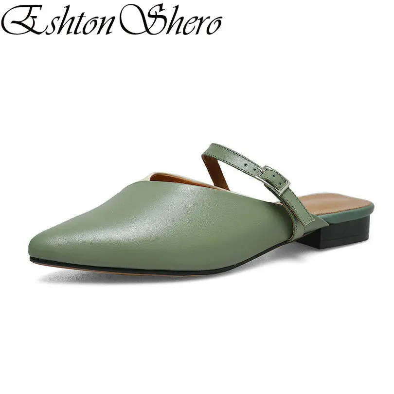 

EshtonShero Shoes Woman Slippers Cow Leather+PU Women Low Heel Slip On Mixed Colors Beach Ladies Wedding Slides Shoes Size 34-40