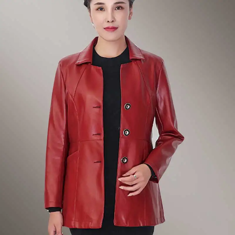 

Autumn Women Wear Plus size PU Leather Jacket 2018 New Fashion Lapel Black Windbreaker Long Leather Jacket Mother Masks Parka