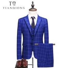 TIAN QIONG мужской Королевский синий клетчатый костюм приталенные свадебные костюмы для мужчин Высокое качество деловые официальные костюмы 3 шт S-XXXXXL
