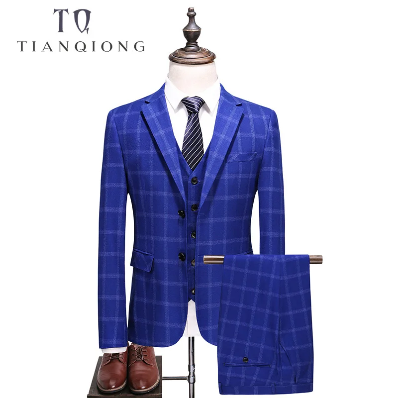 

TIAN QIONG Mens Royal Blue Plaid Suit 2018 Slim Fit Wedding Suits for Men High Quality Business Formal Suits 3 Piece S-XXXXXL