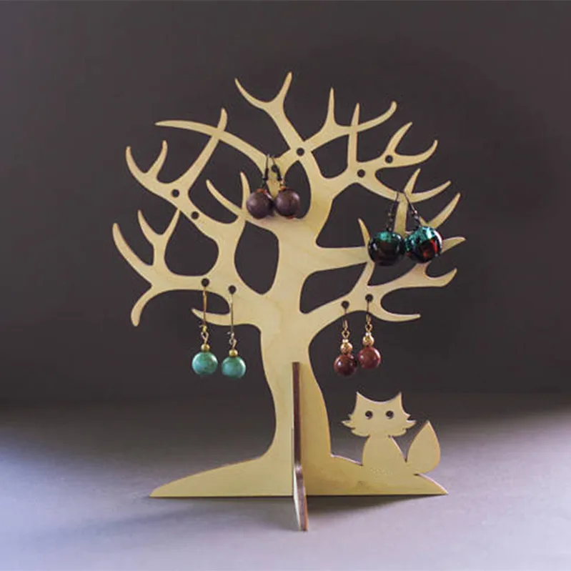 Cute Cat Jewellery Stand Wood Jewelry Tree Earring Holder Jewelry