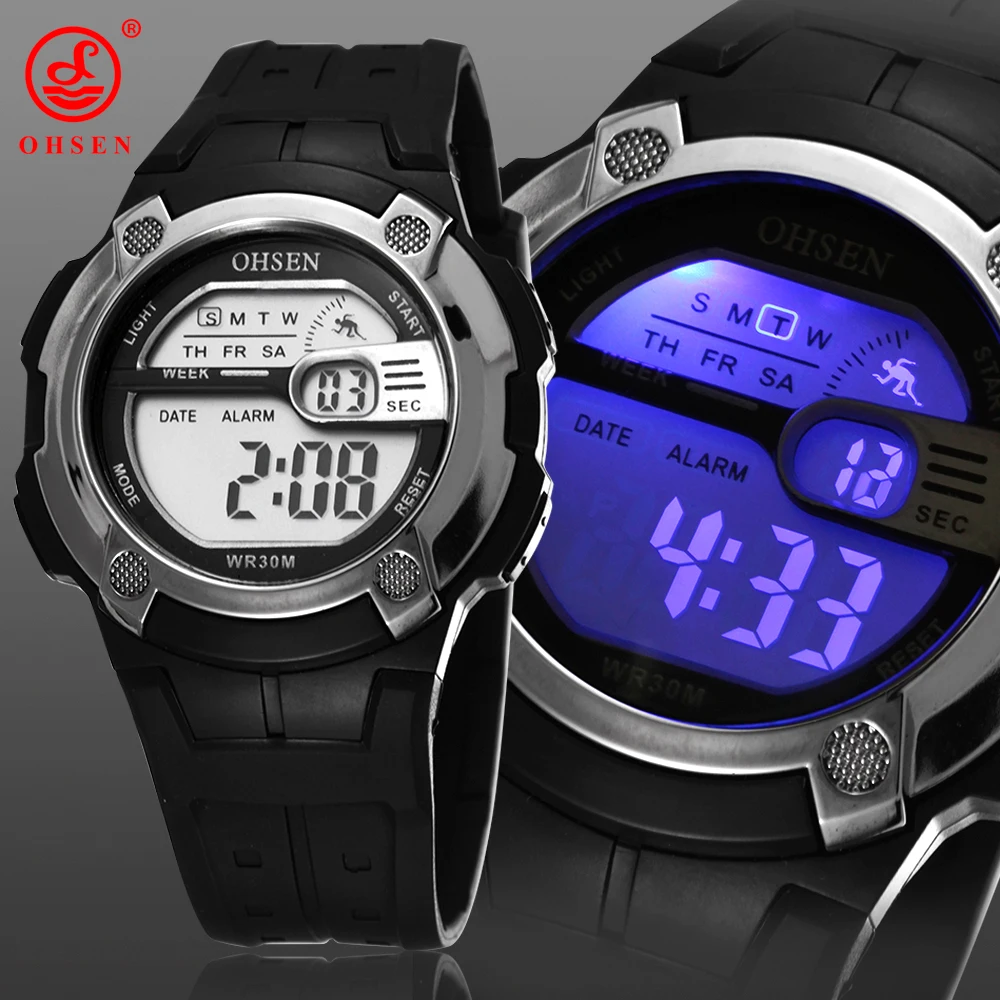 

Top Brand OHSEN Digital Watch Boys Sports Watch Men LED Back Light 30m Waterproof Rubber Band Electronic Wrist Watch Men Relogio