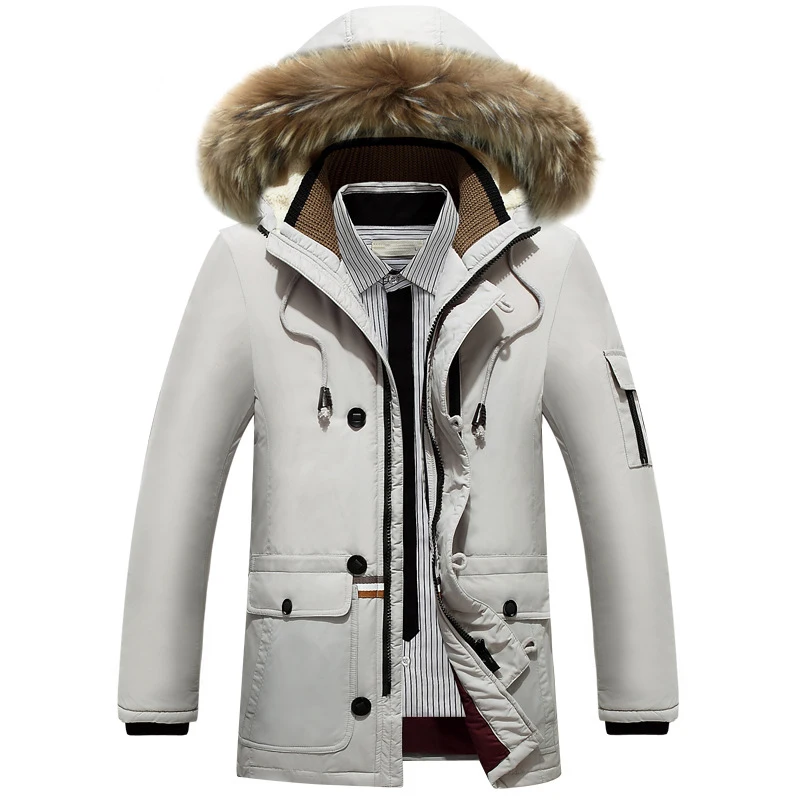 Пуховик, Мужская модная зимняя куртка, Мужская Повседневная теплая куртка с меховым воротником, зимние куртки с капюшоном, толстое пальто, мужские парки - Цвет: Серебристый