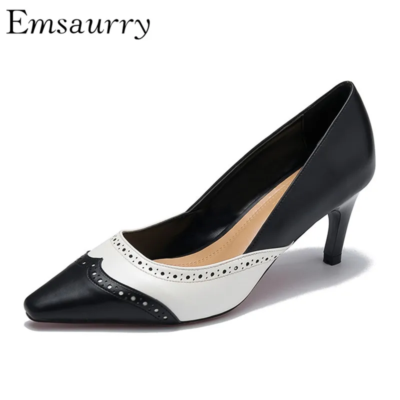 

Spring 2019 New Arrival Shallow Working Shoes Mixed Color Real Leather Thin Heels Carved Patchwork High Heel Pumps Women