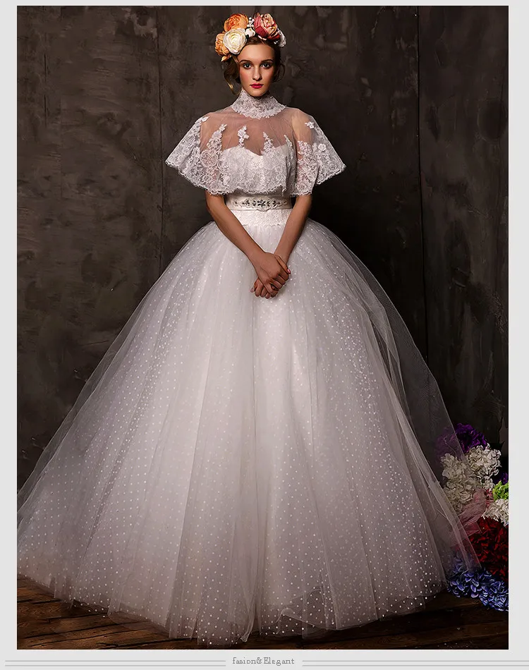

2016 lace Wedding Dress with high neck jacket ball gown crystal sashes appliques brides dresses new Fashion vestido de noiva