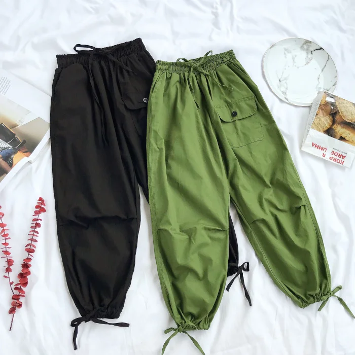 

Зеленые штаны-шаровары с карманами, джоггеры, женские брюки-карго с завязками на лодыжке, спортивные штаны, повседневные длинные брюки, уличная одежда, Pantalon
