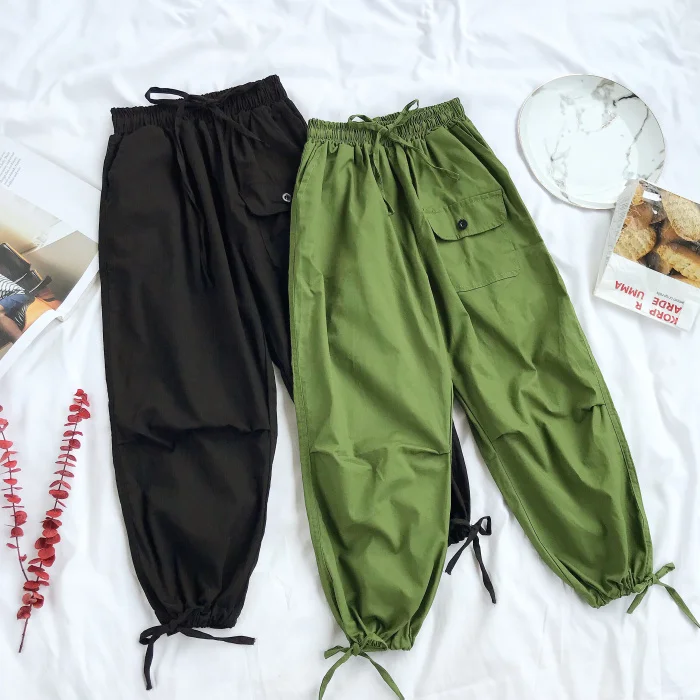 Green Harem Pants Pockets Joggers Female Ankle Tied Cargo Pant Track ...