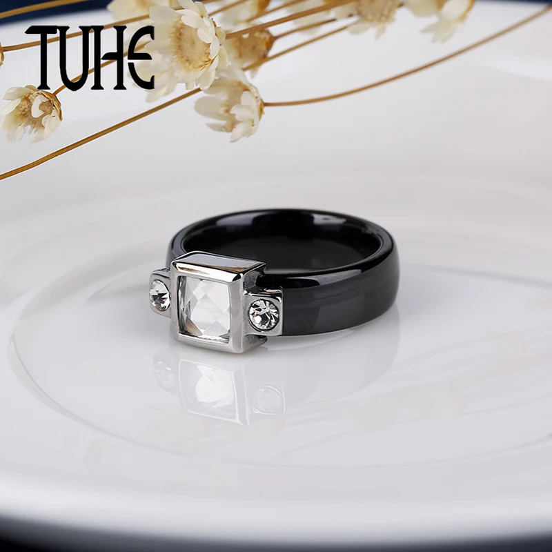

Unique Geometric Square Shape Crystal Ceramic Ring Healthy Material Prevent Allergy 6MM Wide Ring Band For Women Fashion Jewelry