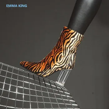 

2018 Clear Crystal Heels Women Ankle Boots Pointed Toe Sexy Leopard High Heels Ladies Party Shoes Side Zipper Suede Martin Boots