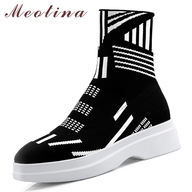 

Meotina Women Boots Autumn Ankle Boots Knitting Mixed Colors Flat Platform Sock Boots Slim Stretch Round Toe Shoes Lady Size 43