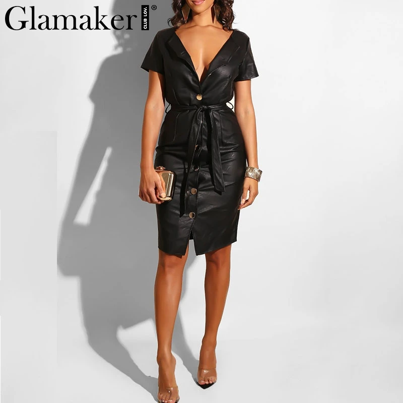 

Glamaker PU leather v neck sexy bodycon dress Women high waist party midi dress elegant Female autumn button black club dress