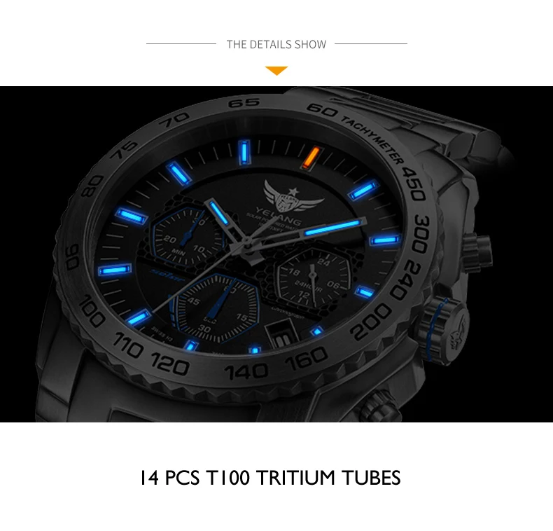 Новое поступление YELANG V1210 Eco-Drive Move men t T100 Тритий светящийся стальной ремешок сапфировое зеркало мужские деловые часы наручные часы