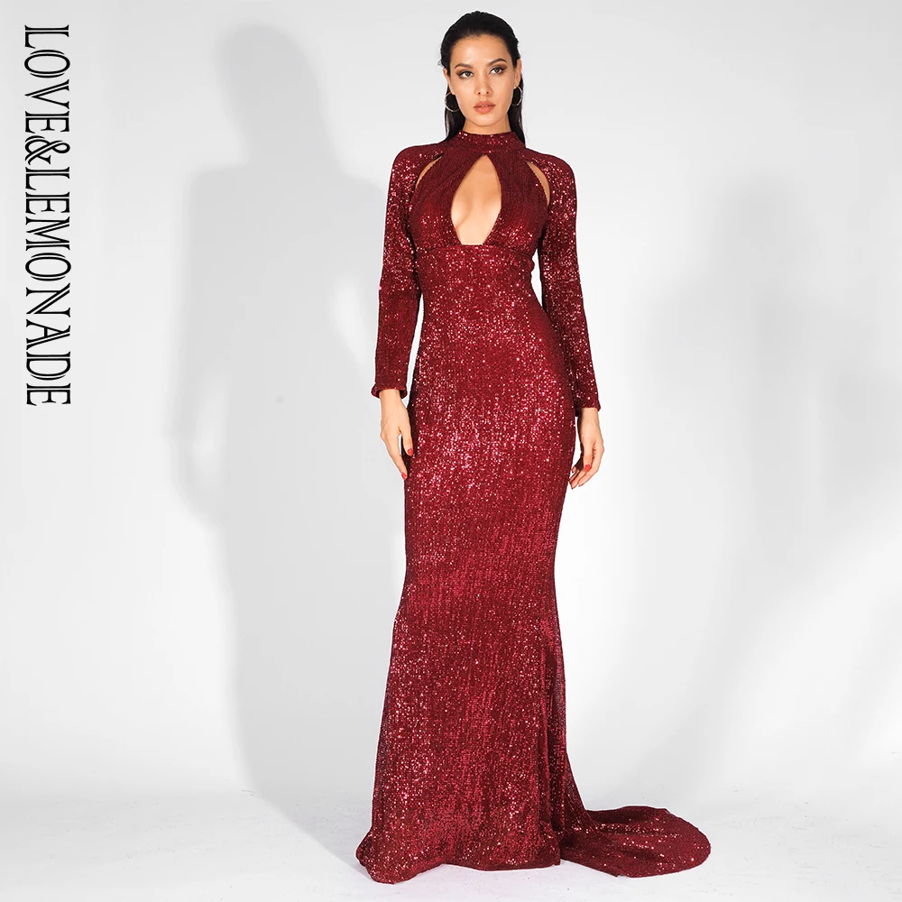 

Love&Lemonade Cut Out Stand Elastic Sequins Long Dress LM81525WINERED