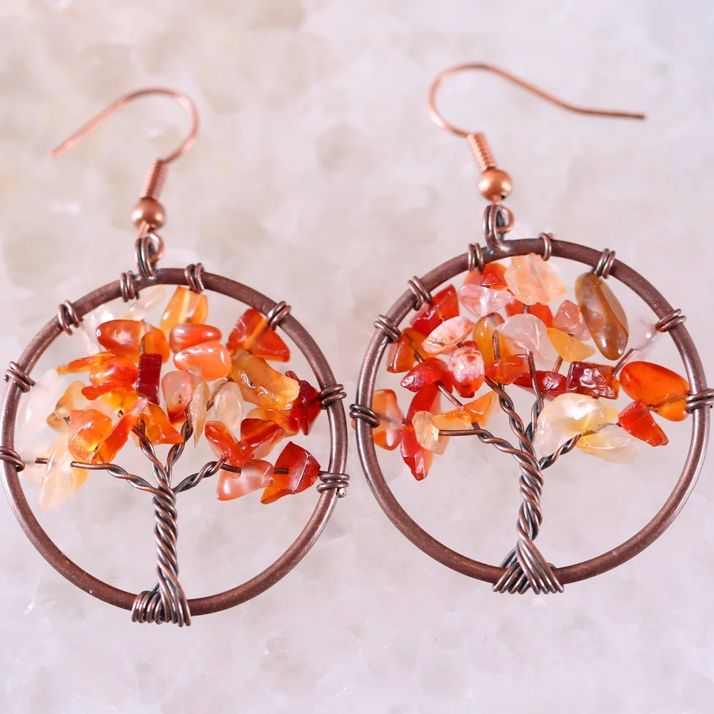 Natural Stone Orange Red Onyx Dangle Earrings For Women Copper Wire Wrap Tree of Life Jewelry Gift | Украшения и аксессуары