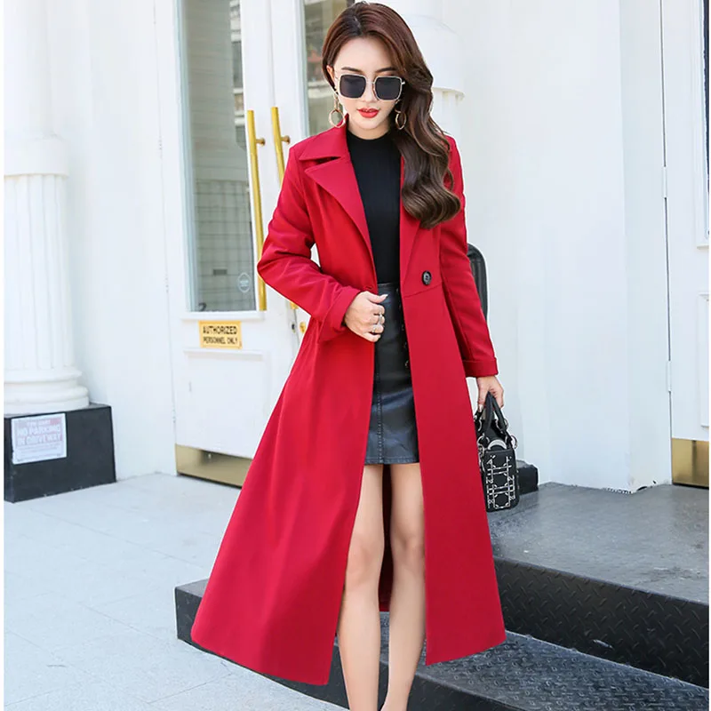 Осенний женский длинный Тренч, женское повседневное зимнее пальто с отложным воротником, ветровка на одной пуговице размера плюс 3XL Overcoa - Color: Red