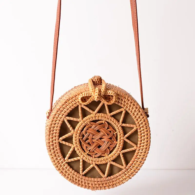 

Woven Rattan Bag Round Straw Shoulder Bag Small Beach Handbags Women Summer Hollow Handmade Messenger Crossbody Bags