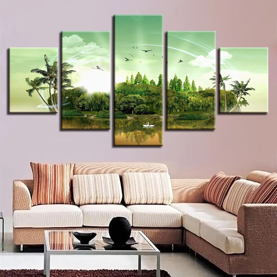 

Home Decor Living Room Wall Art Painting Modular Pictures 5 Panel Island Forest Landscape Framework HD Printed Modern Canvas