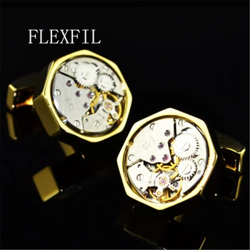 

jewelry shirt cufflink for mens Brand cuff button Gold-color watch movement cuff link High Quality abotoadura Free Shipping