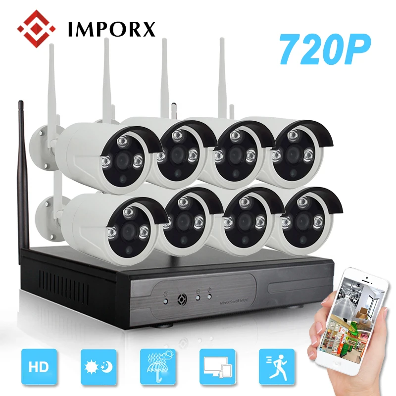 

720P 8CH Wireless NVR Kit 1.0MP 8PCS Wifi CCTV IP Camera Outdoor Waterproof IR Night Vision P2P Security Surveillance System Kit