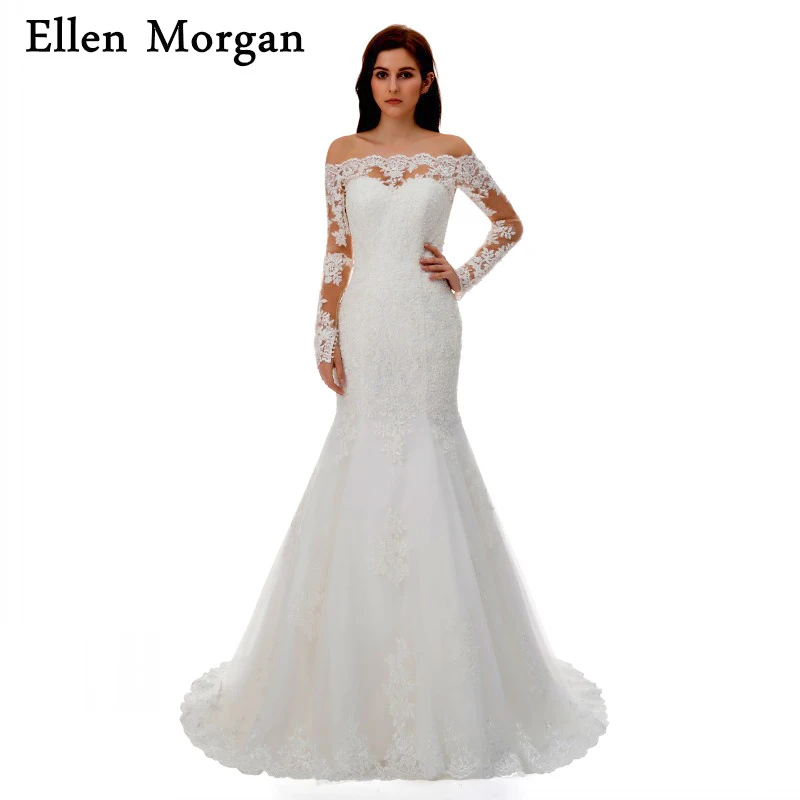 African-Black-Girls-Mermaid-Wedding-Dresses-2018-Lace-Appliques-Tulle-Sexy-Off-Shoulder-5Long-Sleeve-Spring