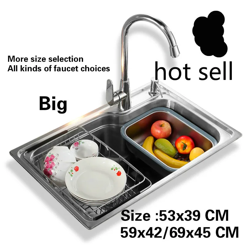 

Free shipping kitchen sink big food-grade 304 stainless steel 0.7 MM single slot hot sell 53x39/59x42/69x45 CM