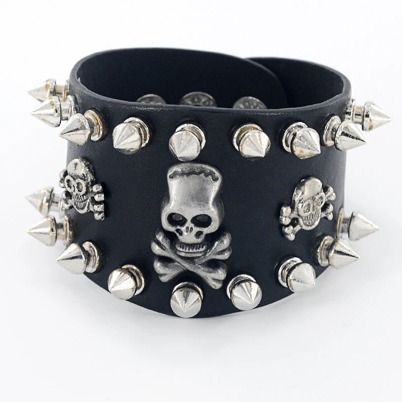#C3 Black Leather Bracelet Cuff with Skull Chain Design Punk Rocker Goth 