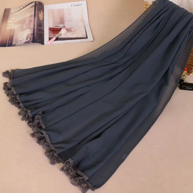 Шифоновая шаль с кисточками, шарф с помпонами, Летняя Пляжная накидка, Пашмина, мусульманский хиджаб