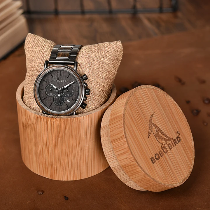 BOBO BIRD деревянные часы для мужчин Секундомер Хронограф relojes hombre Показать дату деревянные кварцевые наручные часы Мужские часы в подарочной коробке