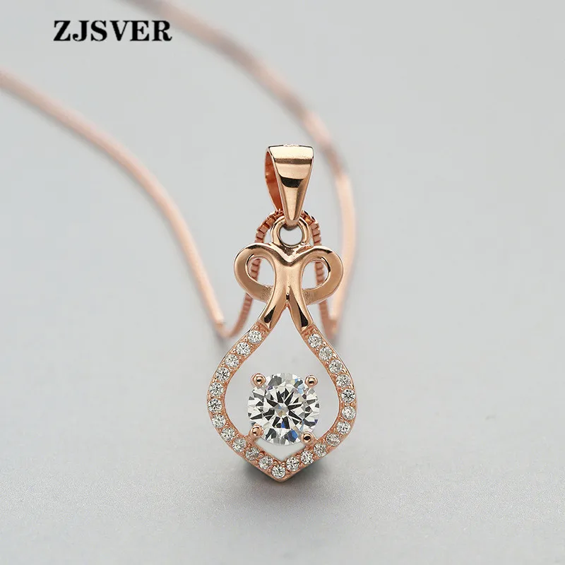 

ZJSVER Fine Jewelry 925 Sterling Silver Necklace Micro-inlaid Crystal Geometric Shape Pendant Fashion Rose Golden Women Necklace