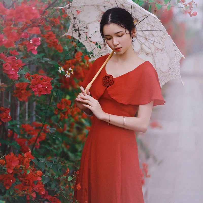 

LYNETTE'S CHINOISERIE Summer Original Design Women French Royal Vintage Rose Adorned Slim Elegant Flowy Red Chiffon Long Dresses