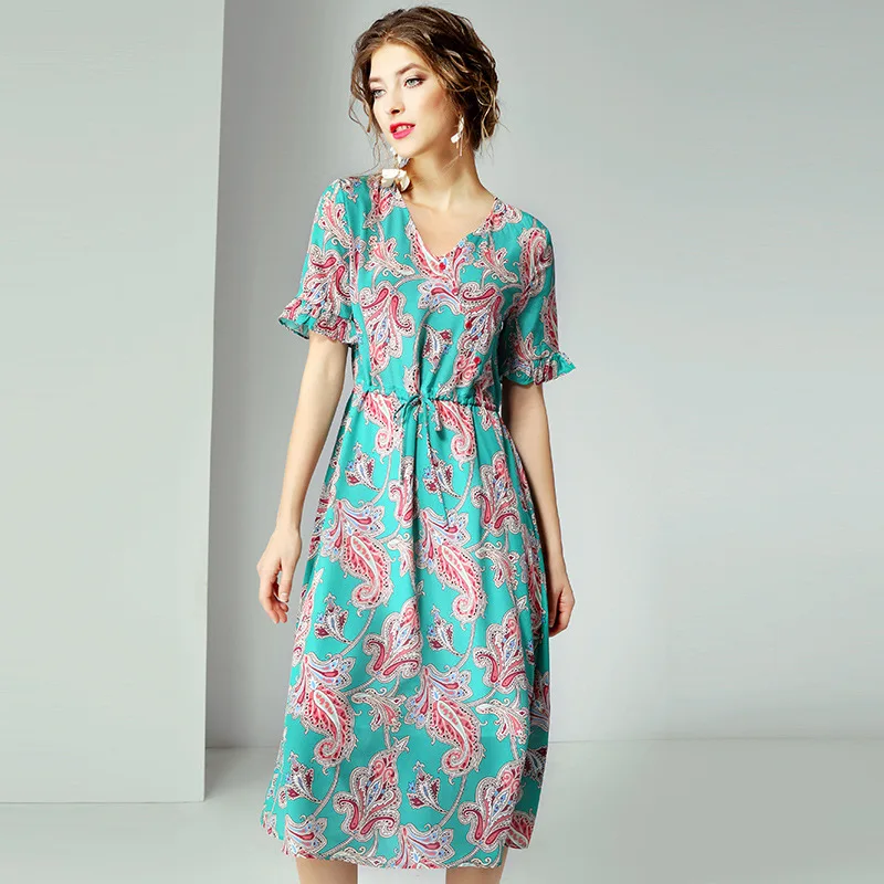 

2019 Summer New Women's Luxury V-neck Short Sleeve Vintage Printed Real Silk Elegant Dress Female V-neck Dresses R11193