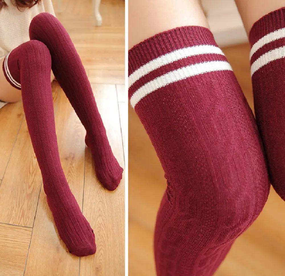 Модные женские трикотажные полосатые хлопковые длинные носки выше колена полосатые гетры до бедра Новые - Цвет: Бургундия