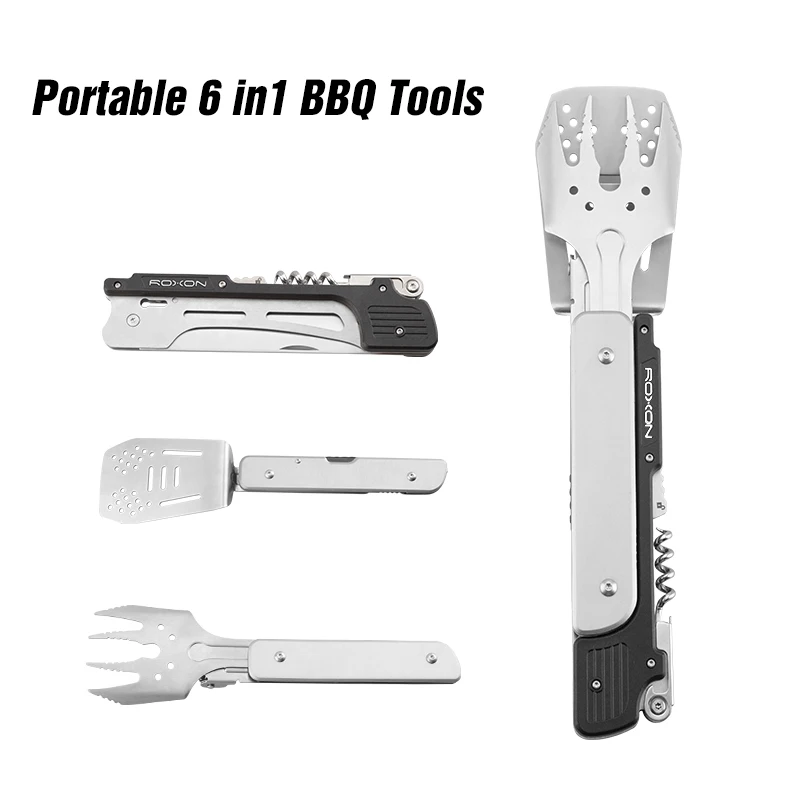 

ROXON Portable 6-in-1 BBQ Tools Set Camping Cookware Detachable Collapsible Grill Tool Spatula Fork Barbecue Tongs Bottle Opener