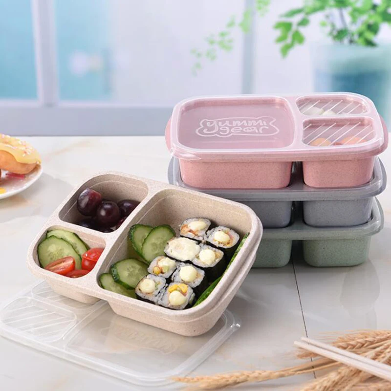 

ONEUP Wheat Straw Lunch Box Health 3 Grid Student Portable Food Storage container Microwavable Eco-Friendly BPA-Free picnic