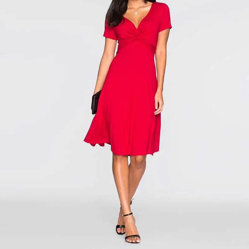 

V neck Wrap Dress Summer Short Sleeve Bow Knot Lace Up Red Ruffles Dress Women Slim Sexy Vestido Chest Knotted V-neck Slim