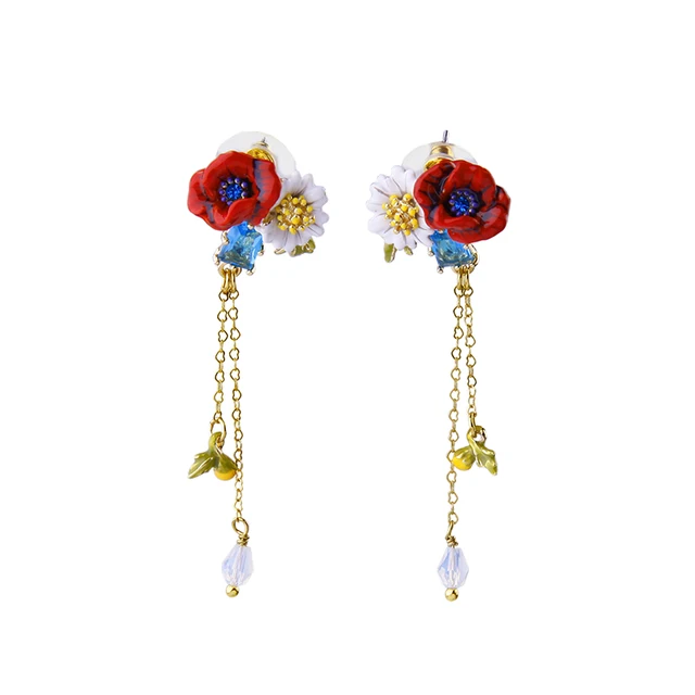 Enamel Flower Dangle Earring Summer Fancy Dress Match Ear Jewelry Gold