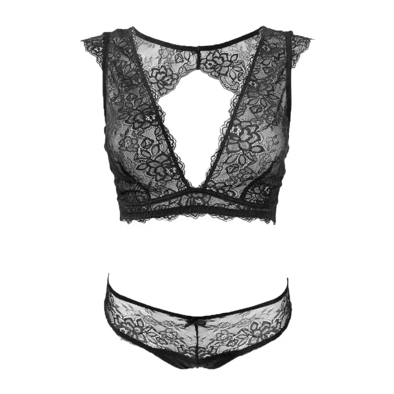 Women Sexy Embroidery Lace Bra Sets Ladies Deep V Neck Sheer Panties 