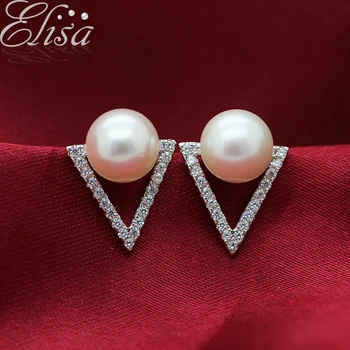 

OL Lady Pearl Earrings 925 Silver Triangle Earrings Zircon Natural Pearl Stud Earrings Genuine Women Pearl Earrings Jewelry Gift
