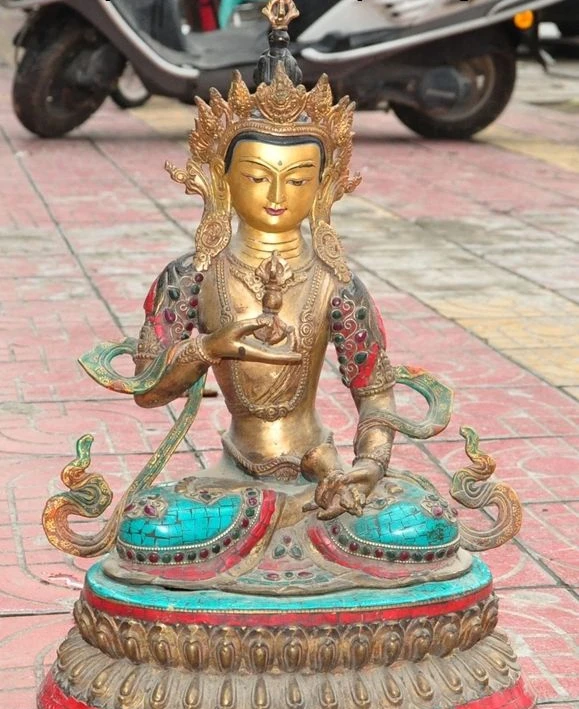 

Old tibet Fane Bronze Inlay Turquoise Coral Vajrasattva kwan-yin buddha statue