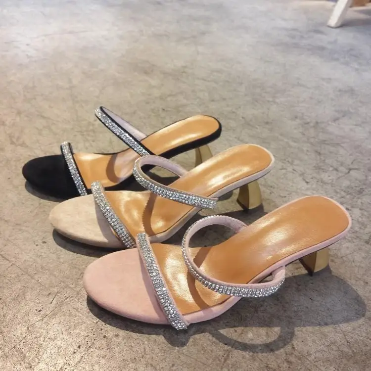 

Shimmering Diamond Two Buckle Slipper Women Peep Toe Slip On Ladies Slingbacks Strange High Heels Zapatos De Mujer Brand Design