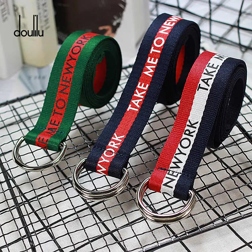 130 cm cinturón mujer/cinturón de lona de impresión inglés D moda Neutral de Nylon de doble anillo hebilla estudiante mujeres cinturón de