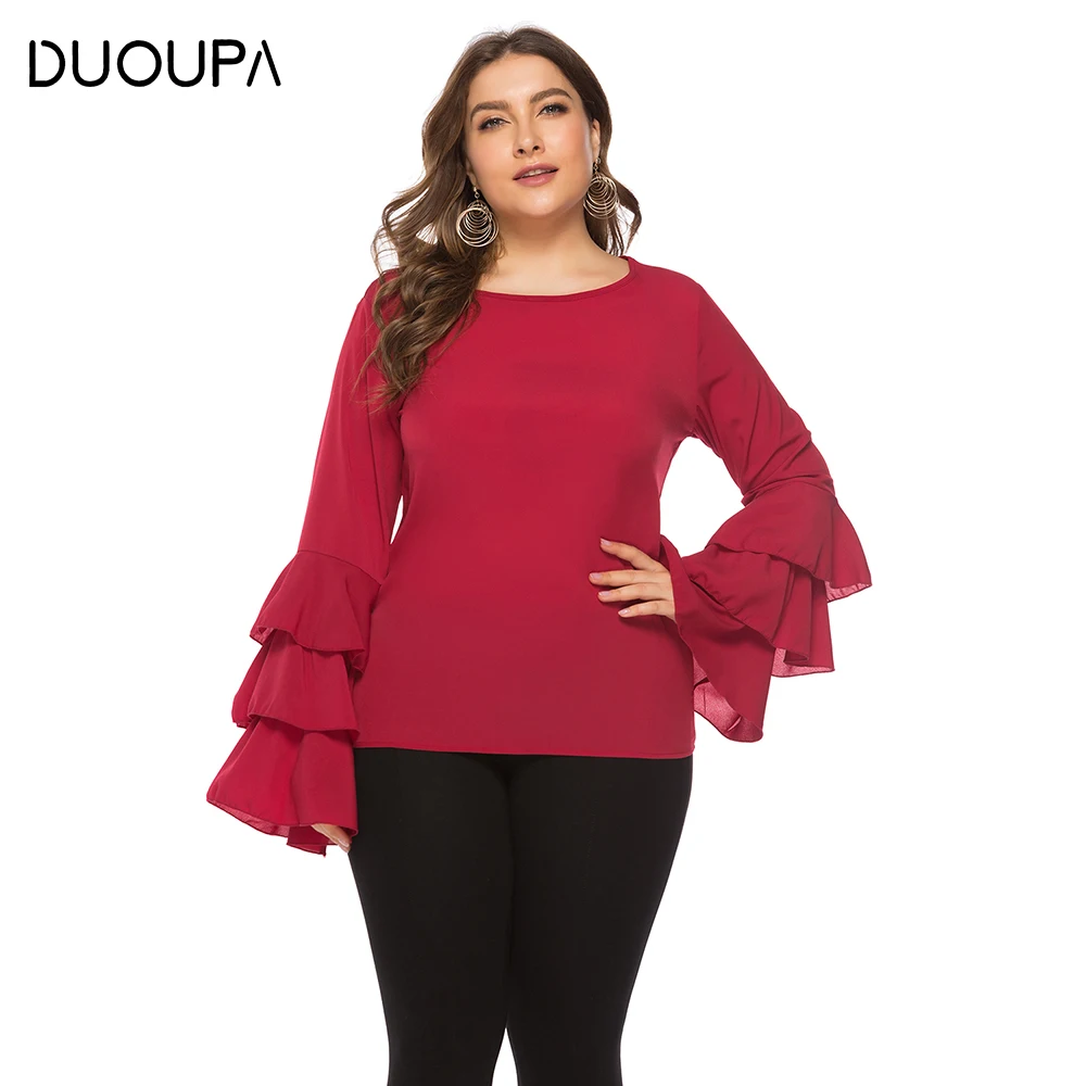 

DUOUPA Large Size Women's 2019 Spring New Loose Shirt T-shirt Solid Color Lotus Leaf Sleeve Round Neck Shirt T-shirt